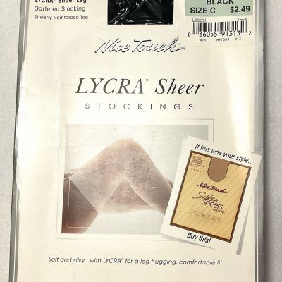 Vtg Sears Nice Touch Lycra Sheer Black Gartered Stockings  Size C Reinforced Toe